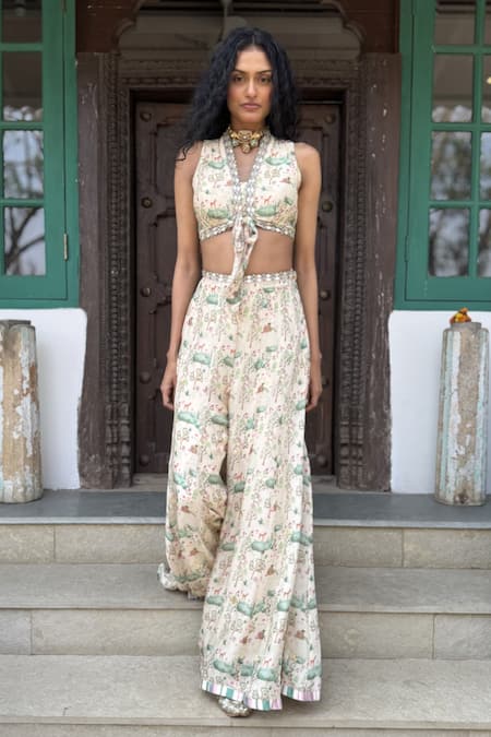 Basil Leaf Beige Chiffon Beads, Embroidery Halter Neck Floral Print Top And Pant Set 