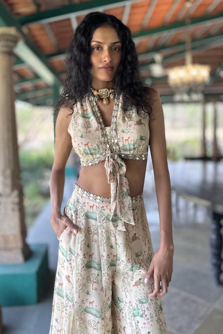 Buy Basil Leaf Beige Chiffon Beads, Embroidery Halter Neck Floral Print Top And Pant Set Online at Aza Fashions Buy_Basil Leaf_Beige Chiffon Beads, Embroidery Halter Neck Floral Print Top And Pant Set _Online_at_Aza_Fashions