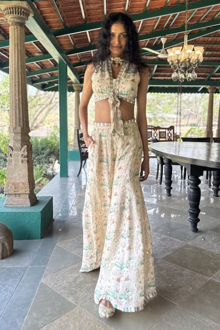 Shop Basil Leaf Beige Chiffon Beads, Embroidery Halter Neck Floral Print Top And Pant Set Online at Aza Fashions Shop_Basil Leaf_Beige Chiffon Beads, Embroidery Halter Neck Floral Print Top And Pant Set _Online_at_Aza_Fashions
