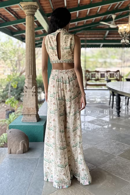 Basil Leaf Beige Chiffon Floral Print Top & Pant Set 