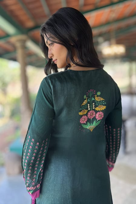 Basil Leaf_Green Chiffon Embroidery Round Neck Kurta Sharara Set _Online_at_Aza_Fashions