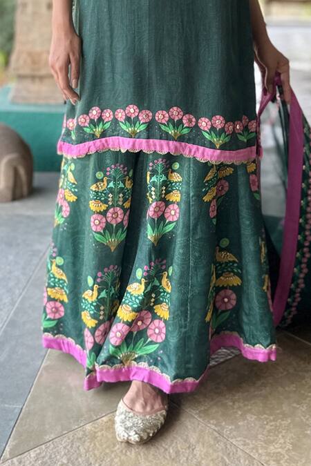 Buy_Basil Leaf_Green Chiffon Embroidery Round Neck Kurta Sharara Set _Online_at_Aza_Fashions