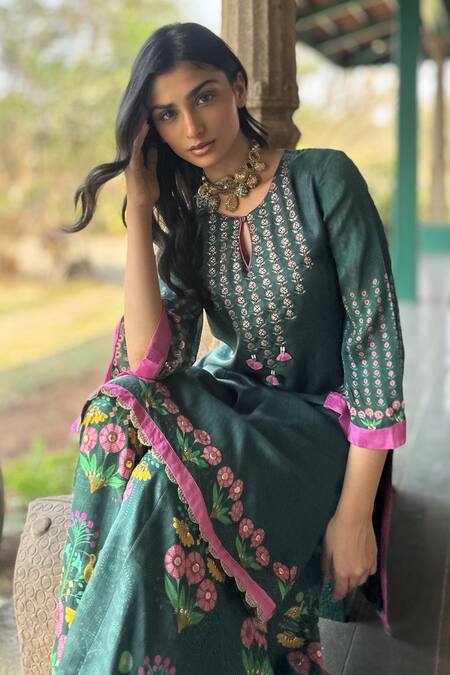Shop_Basil Leaf_Green Chiffon Embroidery Round Neck Kurta Sharara Set _Online_at_Aza_Fashions