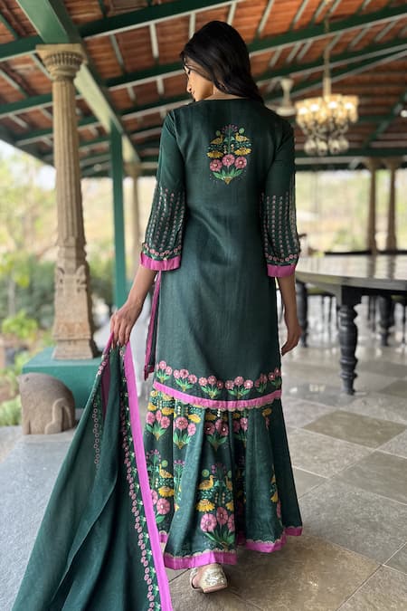 Shop_Basil Leaf_Green Chiffon Embroidery Round Neck Kurta Sharara Set _at_Aza_Fashions