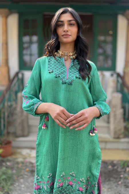 Basil Leaf_Aqua Chiffon Tassels, Embroidery Round Neck Green Kurta Sharara Set _Online_at_Aza_Fashions