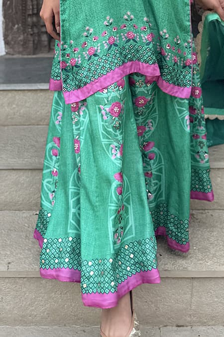 Buy_Basil Leaf_Aqua Chiffon Tassels, Embroidery Round Neck Green Kurta Sharara Set _Online_at_Aza_Fashions