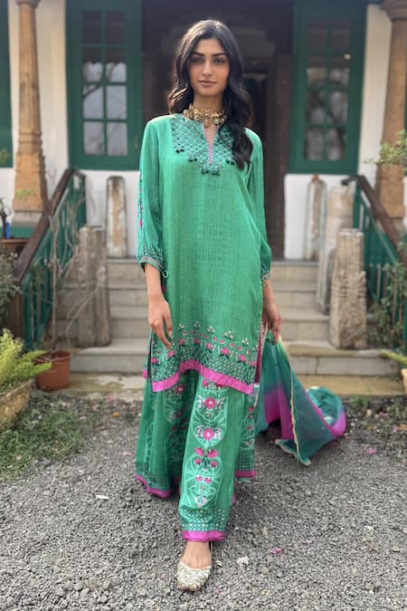 Shop_Basil Leaf_Aqua Chiffon Tassels, Embroidery Round Neck Green Kurta Sharara Set _Online_at_Aza_Fashions