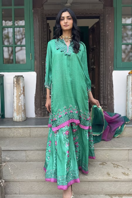 Basil Leaf Aqua Chiffon Tassels, Embroidery Round Neck Green Kurta Sharara Set 