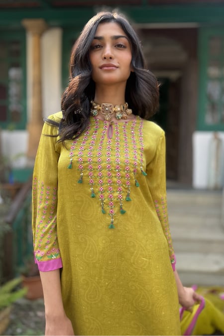 Buy_Basil Leaf_Yellow Chiffon Embroidery Round Neck Gajji Satin Kurta Sharara Set _Online_at_Aza_Fashions