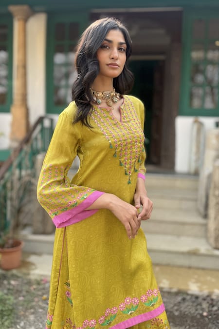 Shop_Basil Leaf_Yellow Chiffon Embroidery Round Neck Gajji Satin Kurta Sharara Set _Online_at_Aza_Fashions