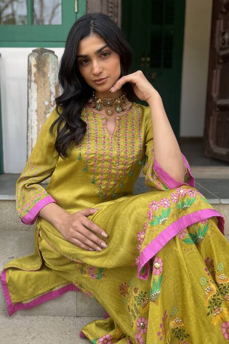 Basil Leaf_Yellow Chiffon Embroidery Round Neck Gajji Satin Kurta Sharara Set _at_Aza_Fashions
