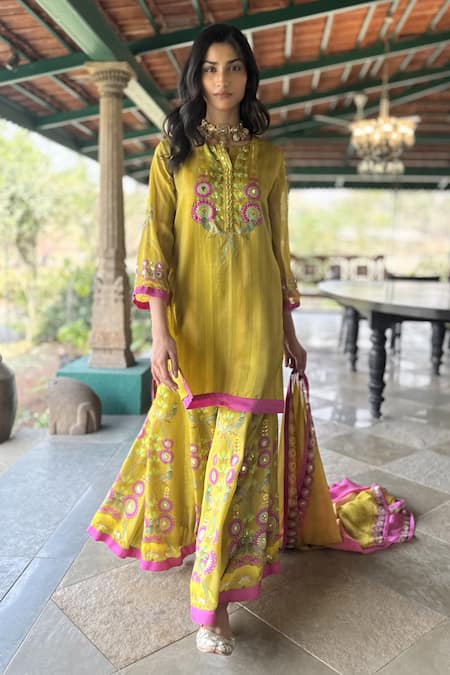 Basil Leaf Pink Chiffon Sequins, Embroidery Round Neck Designer Kurta Sharara Dupatta Set 