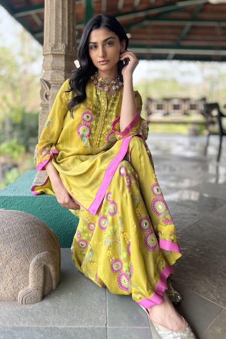 Basil Leaf_Pink Chiffon Sequins, Embroidery Round Neck Designer Kurta Sharara Dupatta Set _Online_at_Aza_Fashions