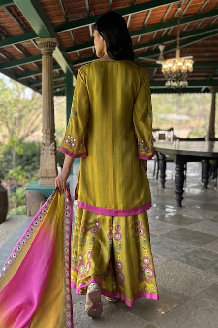 Buy_Basil Leaf_Pink Chiffon Sequins, Embroidery Round Neck Designer Kurta Sharara Dupatta Set _Online_at_Aza_Fashions