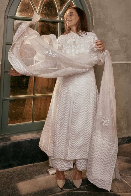Buy House Of Kotwara Ivory Organza, Crepe Embroidery Chikankari Peshwaz Set Online at Aza Fashions Buy_House Of Kotwara_Ivory Organza, Crepe Embroidery Chikankari Peshwaz Set _Online_at_Aza_Fashions