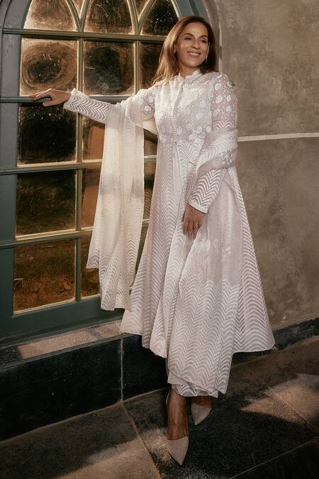 Shop House Of Kotwara Ivory Organza, Crepe Embroidery Chikankari Peshwaz Set Online at Aza Fashions Shop_House Of Kotwara_Ivory Organza, Crepe Embroidery Chikankari Peshwaz Set _Online_at_Aza_Fashions