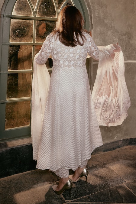 House Of Kotwara Ivory Organza Chikankari Peshwaz Set 