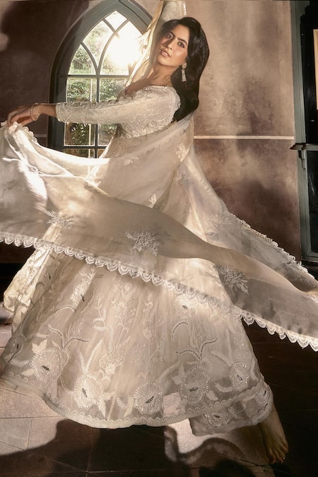 House Of Kotwara Ivory Organza Floral Anarkali Set 