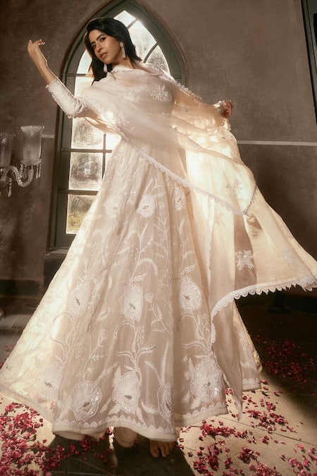 House Of Kotwara Ivory Organza Floral Anarkali Set 