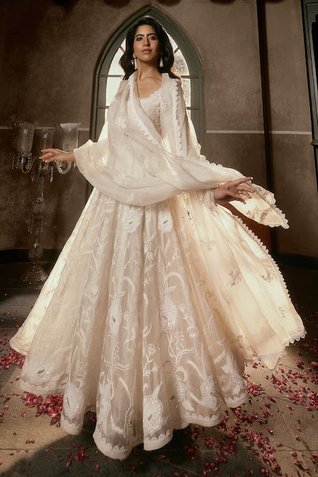 House Of Kotwara Ivory Organza, Crepe Embroidery Round Neck Floral Anarkali Set Online at Aza Fashions House Of Kotwara_Ivory Organza, Crepe Embroidery Round Neck Floral Anarkali Set _Online_at_Aza_Fashions