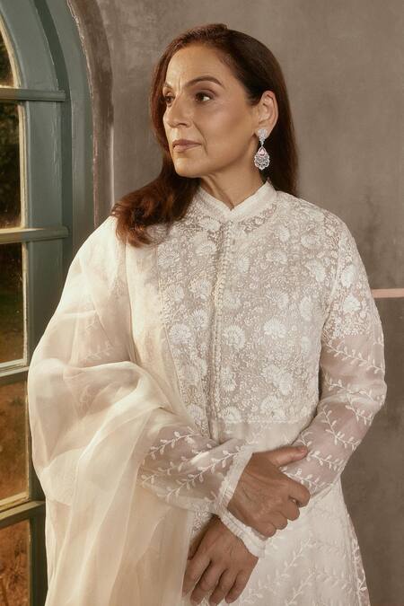 House Of Kotwara Ivory Organza, Crepe Embroidery Chikankari Peshwaz Coat Set Online at Aza Fashions House Of Kotwara_Ivory Organza, Crepe Embroidery Chikankari Peshwaz Coat Set _Online_at_Aza_Fashions