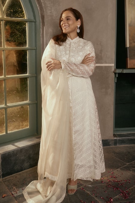 House Of Kotwara Ivory Chikankari Peshwaz Coat Set 