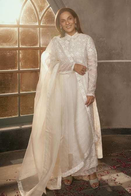 House Of Kotwara Ivory Chikankari Peshwaz Coat Set 