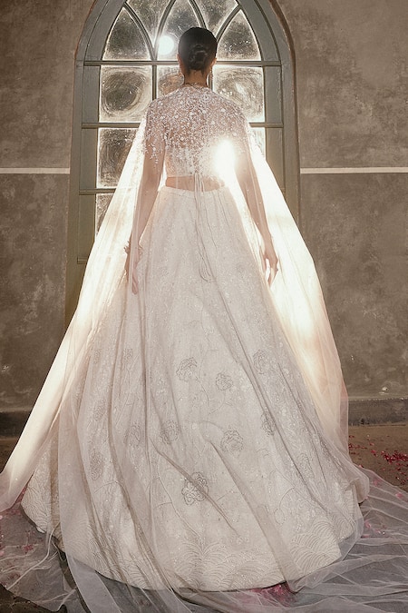 House Of Kotwara Ivory Organza Floral Lehenga Set