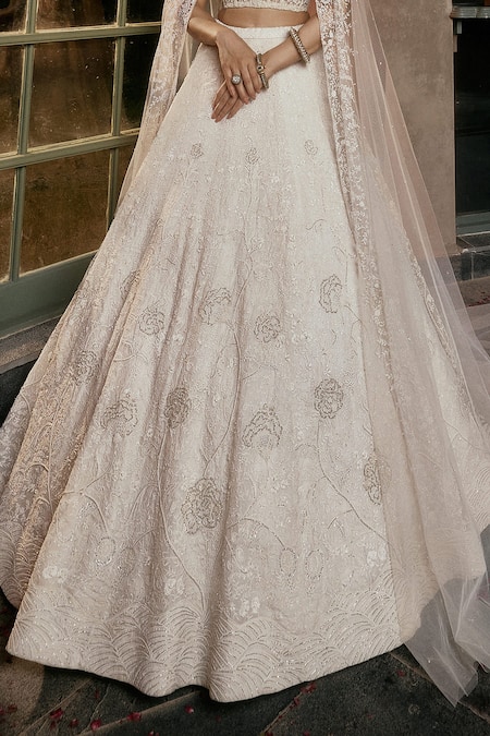 House Of Kotwara_Ivory Organza, Satin, Net, Crepe Beads, Embroidery Round Neck Floral Lehenga Set _Online_at_Aza_Fashions