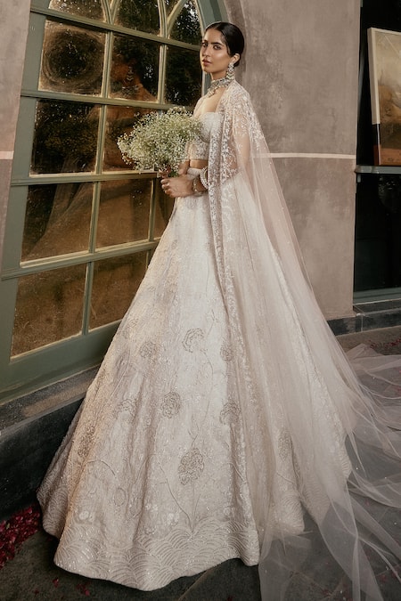 Buy_House Of Kotwara_Ivory Organza, Satin, Net, Crepe Beads, Embroidery Round Neck Floral Lehenga Set _Online_at_Aza_Fashions
