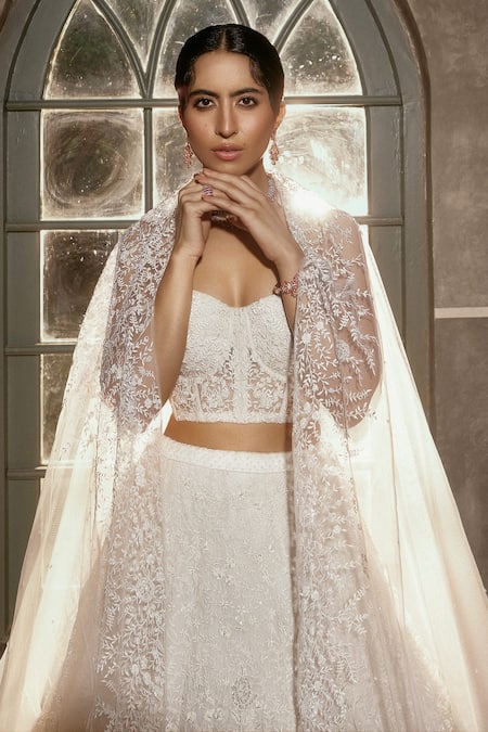 Shop_House Of Kotwara_Ivory Organza, Satin, Net, Crepe Beads, Embroidery Round Neck Floral Lehenga Set _Online_at_Aza_Fashions