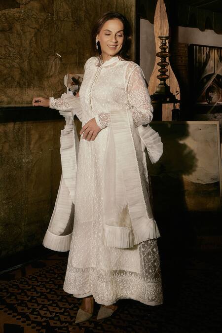 House Of Kotwara Ivory Organza, Crepe Embroidery Mandarin Collar Chikankari Kurta Set Online at Aza Fashions House Of Kotwara_Ivory Organza, Crepe Embroidery Mandarin Collar Chikankari Kurta Set _Online_at_Aza_Fashions