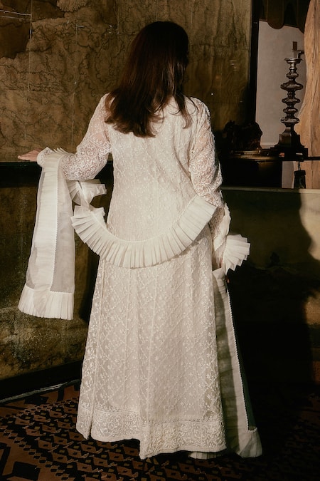 House Of Kotwara Ivory Organza Chikankari Kurta Set 