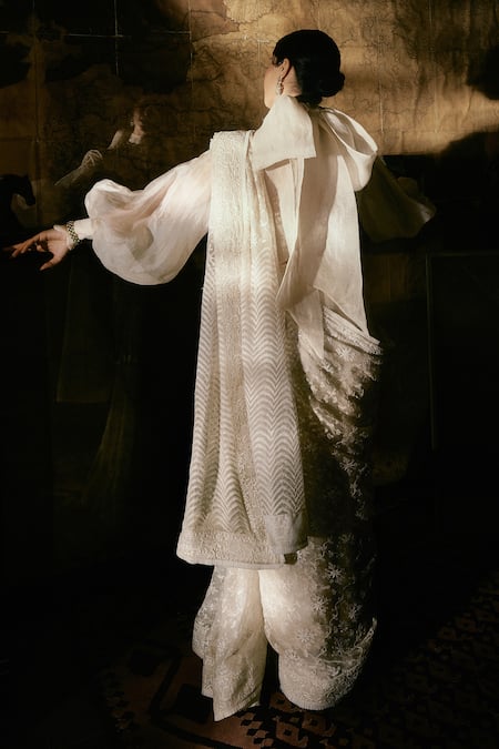 House Of Kotwara Ivory Organza Chikankari Saree Set 