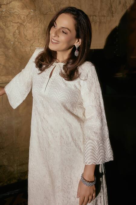 Buy_House Of Kotwara_Ivory Organza, Crepe Embroidery Round Neck Chikankari Kurta Set _Online_at_Aza_Fashions