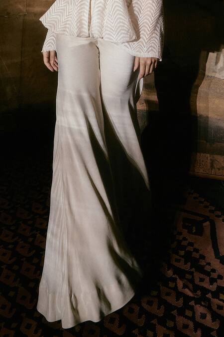 House Of Kotwara_Ivory Organza, Crepe Embroidery Round Neck Chikankari Peplum Jacket Set _Online_at_Aza_Fashions