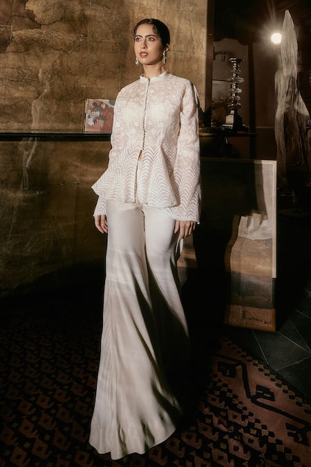 House Of Kotwara Ivory Organza Chikankari Peplum Jacket Set 