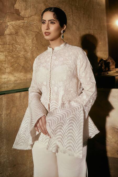 Shop_House Of Kotwara_Ivory Organza, Crepe Embroidery Round Neck Chikankari Peplum Jacket Set _Online_at_Aza_Fashions