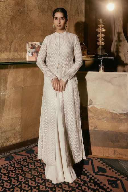 House Of Kotwara Ivory Organza, Crepe Embroidery High Neck Chikankari Chevron Jacket Set 