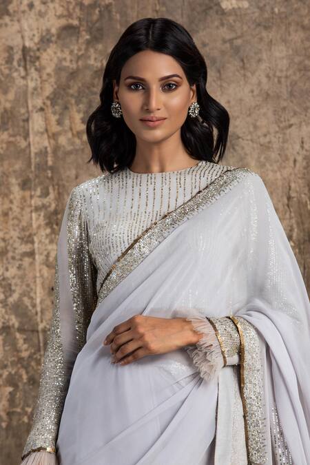 House Of Kotwara_Gray Georgette, Cotton Sequins, Embroidery Round Lilac Grey Art Deco Saree Set _Online_at_Aza_Fashions