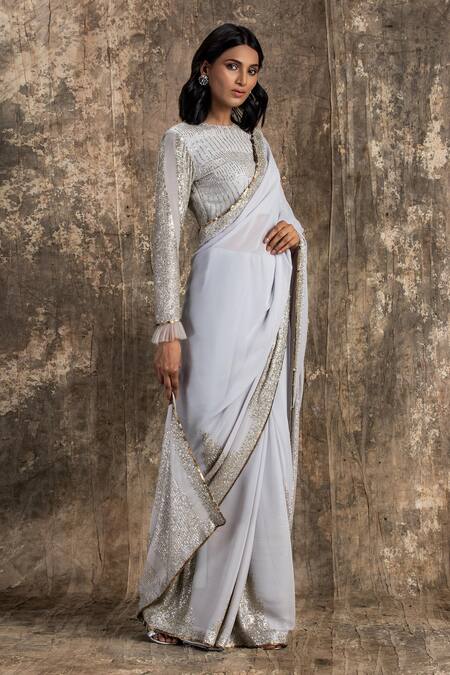 Buy_House Of Kotwara_Gray Georgette, Cotton Sequins, Embroidery Round Lilac Grey Art Deco Saree Set _Online_at_Aza_Fashions
