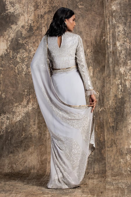 House Of Kotwara Lilac Grey Georgette Art Deco Saree Set 