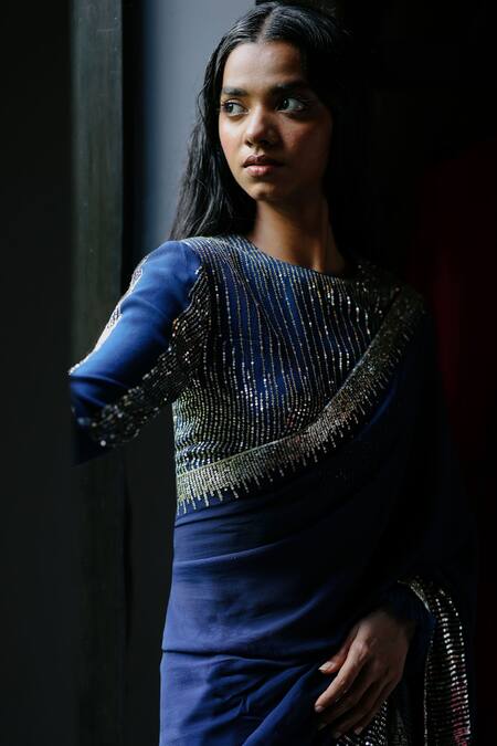 House Of Kotwara_Blue Georgette, Cotton Sequins, Beads Round Neck Royal Art Deco Saree Set _Online_at_Aza_Fashions