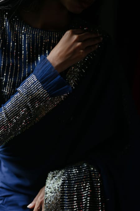 Buy_House Of Kotwara_Blue Georgette, Cotton Sequins, Beads Round Neck Royal Art Deco Saree Set _Online_at_Aza_Fashions