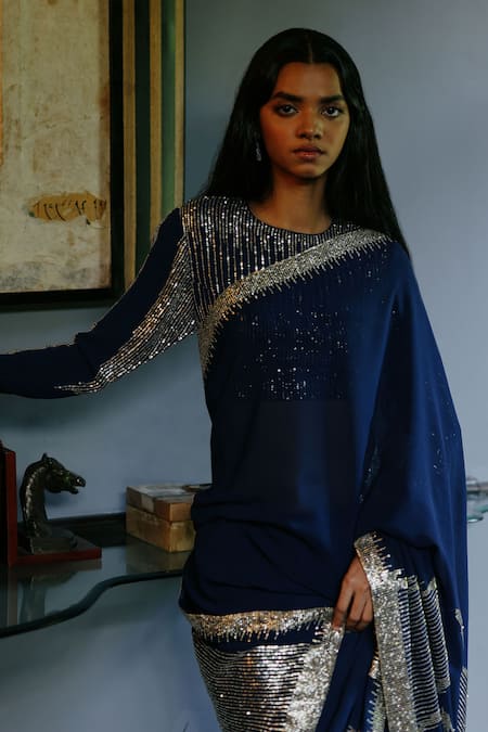 Shop_House Of Kotwara_Blue Georgette, Cotton Sequins, Beads Round Neck Royal Art Deco Saree Set _Online_at_Aza_Fashions