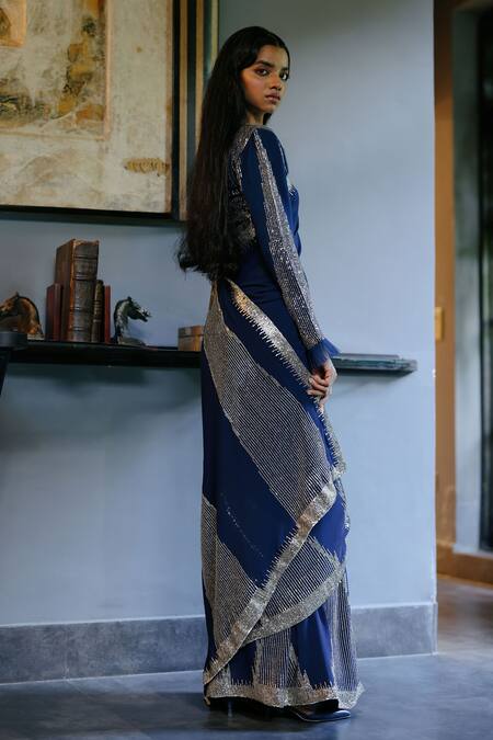 House Of Kotwara_Blue Georgette, Cotton Sequins, Beads Round Neck Royal Art Deco Saree Set _at_Aza_Fashions