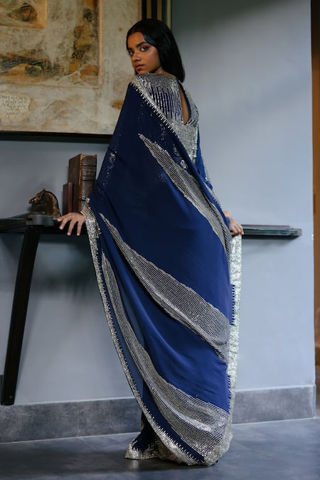 House Of Kotwara Royal Blue Georgette Art Deco Saree Set 