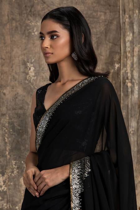 House Of Kotwara_Black Georgette, Cotton Sequins V-neck Art Deco Saree Set _Online_at_Aza_Fashions