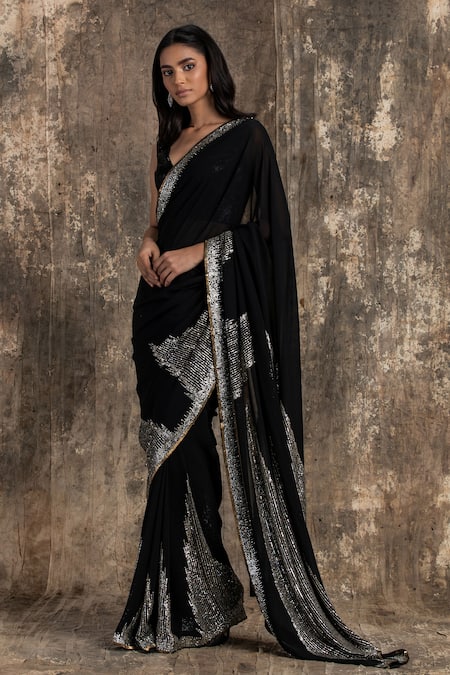 Buy_House Of Kotwara_Black Georgette, Cotton Sequins V-neck Art Deco Saree Set _Online_at_Aza_Fashions
