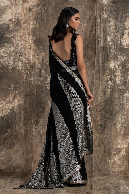 House Of Kotwara Black Georgette Art Deco Saree Set 
